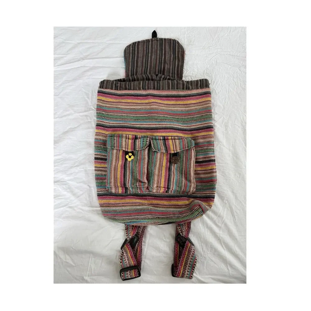 Handmade in Nepal Cotton Multicolor Striped Drawstring Backpack Boho Hippy